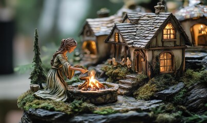 Fototapeta premium A miniature fairy village with a woman by a fire.