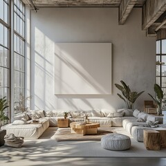 A bright living room featuring a large sectional sofa, expansive windows, and sunlight streaming in a minimalist urban design.