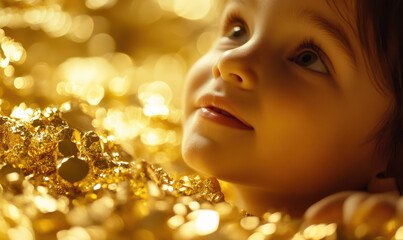 Fototapeta premium young girl with curious eyes looks up, surrounded by shimmering gold backdrop. Her expression suggests wonder and innocence