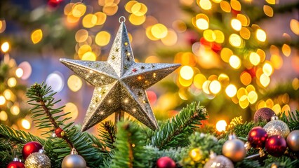 A close-up of a shining star on top of a Christmas tree surrounded by garlands and decorations