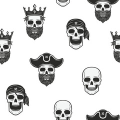 Skull Background. Skulls seamless pattern. Vintage king and pirates skulls isolated on white background. Vector illustration