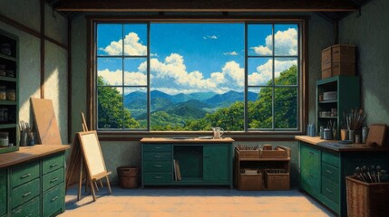 Artist Studio Window View Mountain Landscape Painting Artwork
