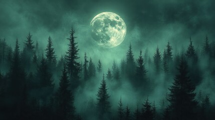 A mystical forest scene illuminated by a large, glowing moon.
