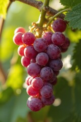 Fresh red grapes cluster on vine in natural sunlight