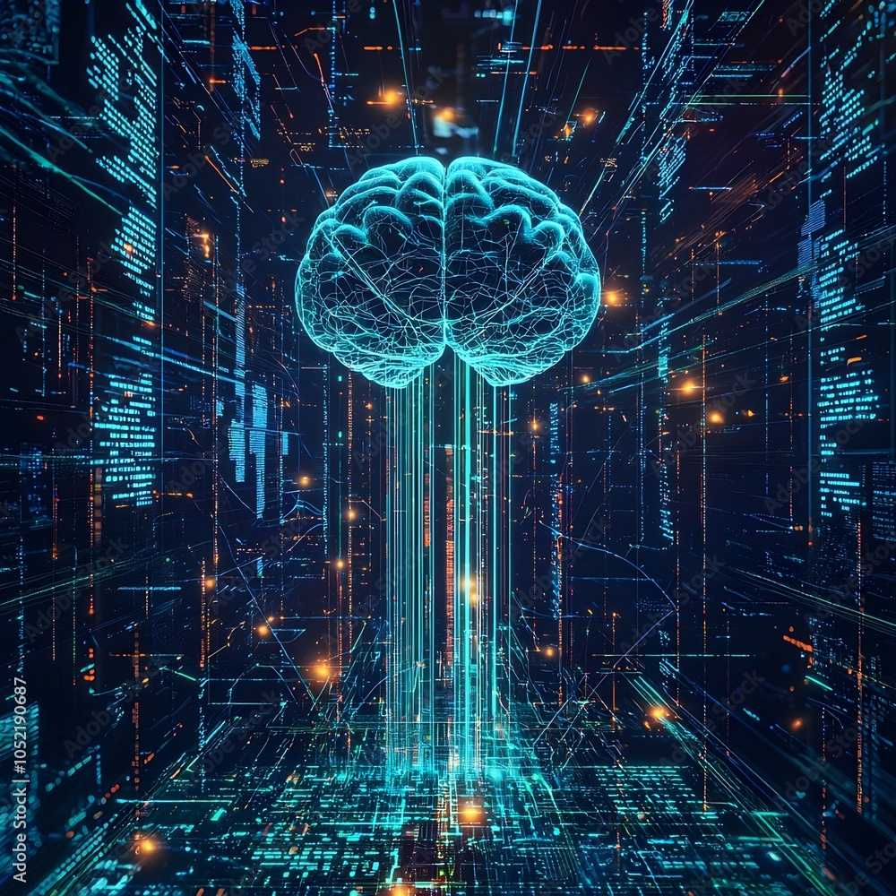 Poster futuristic ai driven cybersecurity system with central brain monitoring digital network