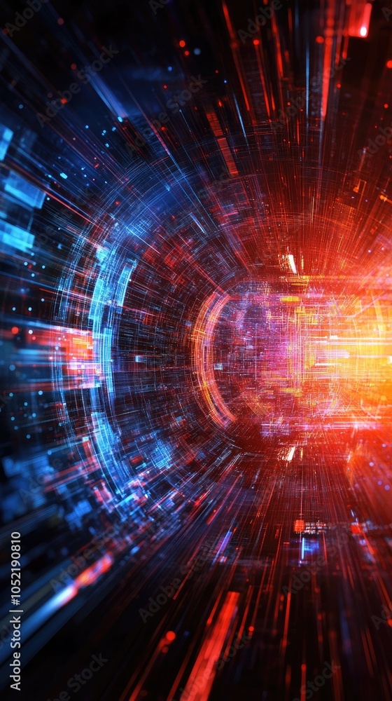 Poster abstract visual of a glowing tunnel with vibrant colors depicting motion and energy in a futuristic 