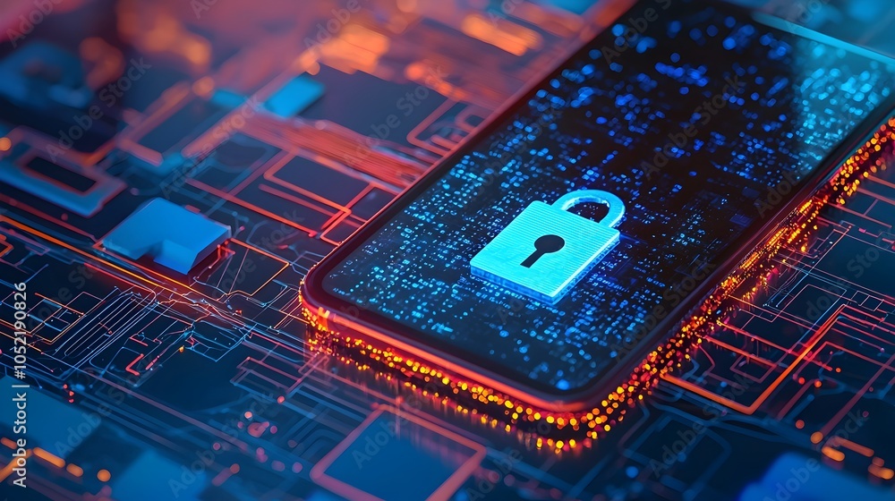 Poster secure digital lock on smartphone screen representing mobile cybersecurity and data protection