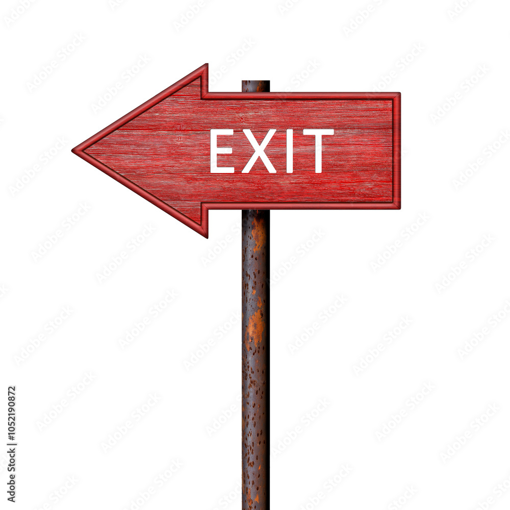 Poster red wooden arrow sign with exit sign on rusty pole. left direction indicator. signboard isolated on 
