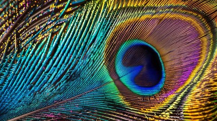 Obraz premium Peacock feather closeup. Vivid peacock plume detail; iridescent colors symbolize beauty, pride, and elegance.