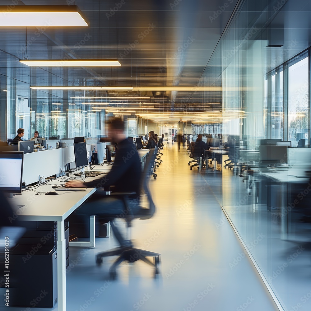 Poster blurred view of a modern office filled with focused professionals working at computers.