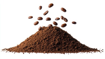 A pile of coffee grounds with coffee beans falling above it, showcasing coffee preparation.