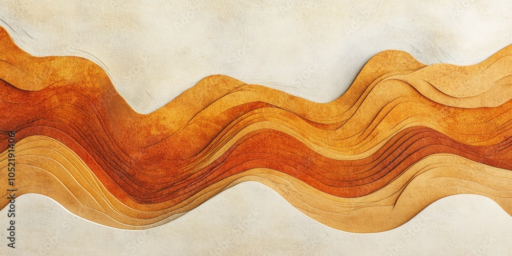 Poster a stunning display of layered warm-toned paper art flowing across a textured background in a modern 