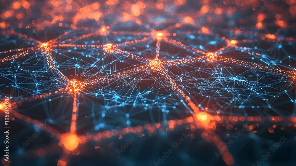 Poster glowing blockchain network visualizing decentralized technology interconnections