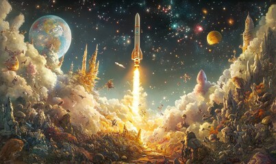 Fototapeta premium A rocket launches through clouds, a starry sky, and an