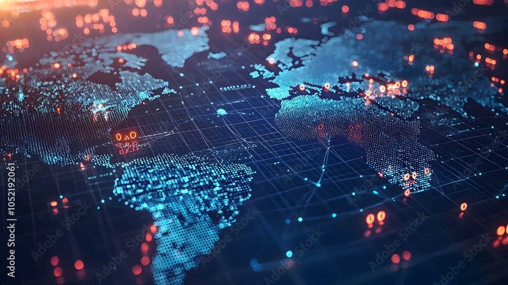 Poster global digital network with blockchain technology symbolizing secure international transactions
