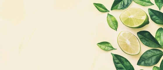 Lime slices and green leaves on a soft yellow background.