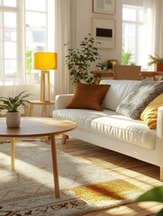 Warm and inviting living room featuring a white couch adorned with brightly colored pillows, illuminated by sunlight, with indoor plants.