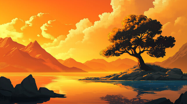 A beautiful scenary with a tree and hills.