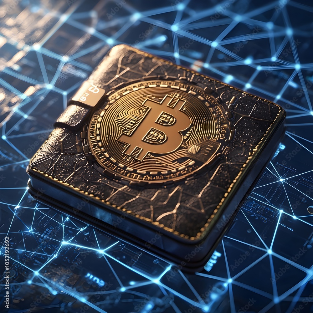 Poster secure blockchain wallet showcasing digital currency transactions and ownership