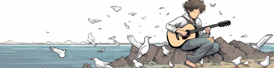 Obraz premium A young man playing guitar amidst seagulls by the sea, conveying a sense of tranquility and freedom.