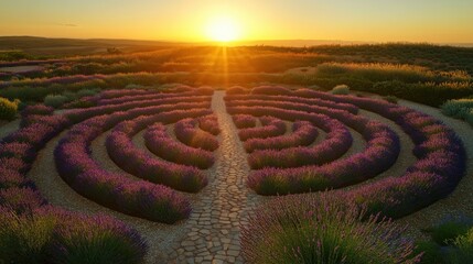 Naklejka premium A stunning lavender maze at sunset creating a tranquil path through vibrant purple blooms in a serene landscape