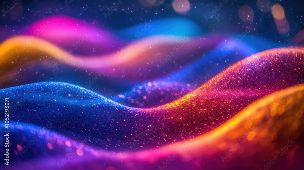 Poster mesmerizing waves of shimmering colors undulate under soft lighting, creating a dreamlike atmosphere
