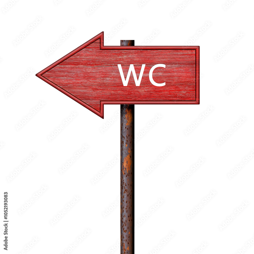 Poster red wooden arrow sign with the inscription wc on a rusty pole. direction pointer to the left. signbo
