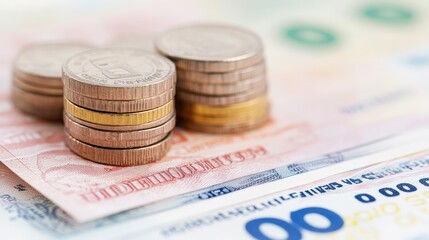 Closeup of Coins on Banknotes   Currency  Financial  Money  Savings  Investment