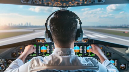 Pilot operating commercial airplane cockpit on runway at sunset.