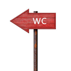 Red wooden arrow sign with the inscription wc on a rusty pole. Direction pointer to the left. Signboard isolated on white