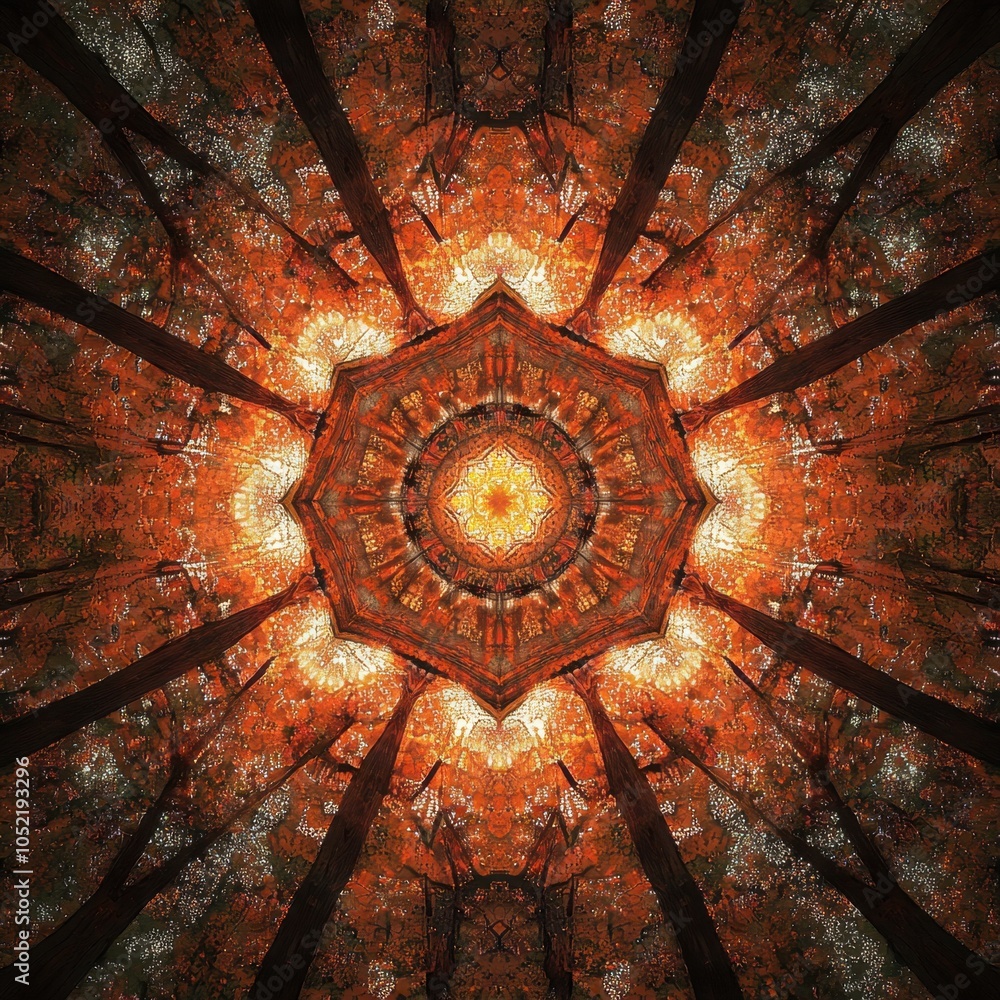Poster a mesmerizing view of autumn foliage creating a kaleidoscopic pattern in a tranquil forest at dusk