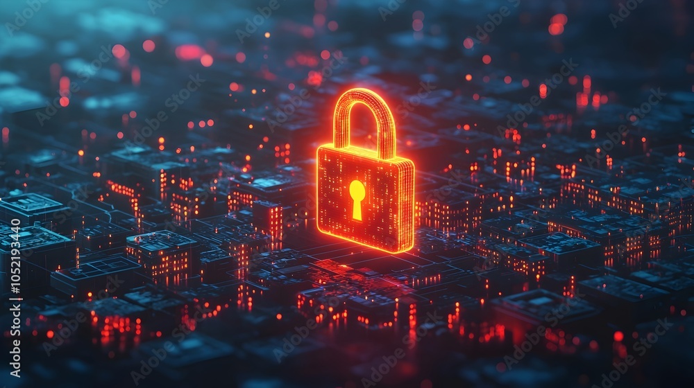 Aufkleber glowing digital lock floating above interconnected smart city network symbolizing cybersecurity conc