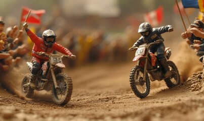 Two dirt bikers race on dusty track.