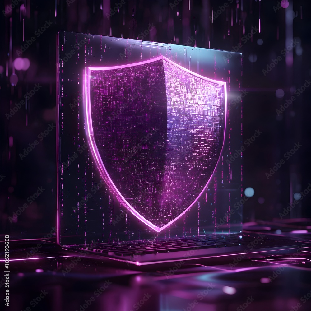 Poster holographic shield symbolizing advanced cybersecurity protection for computer systems