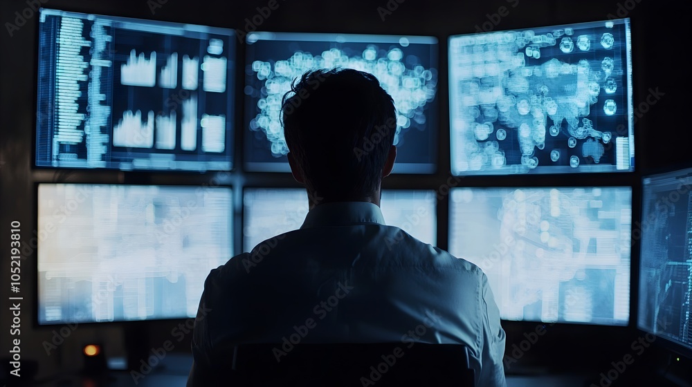 Poster cybersecurity expert analyzing threat data on multiple screens in dark room