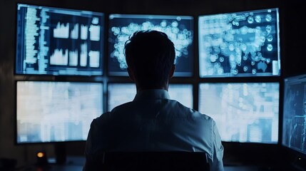 Cybersecurity Expert Analyzing Threat Data on Multiple Screens in Dark Room