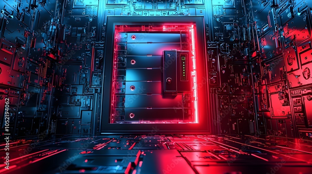 Poster futuristic digital vault securing sensitive information with advanced cybersecurity layers