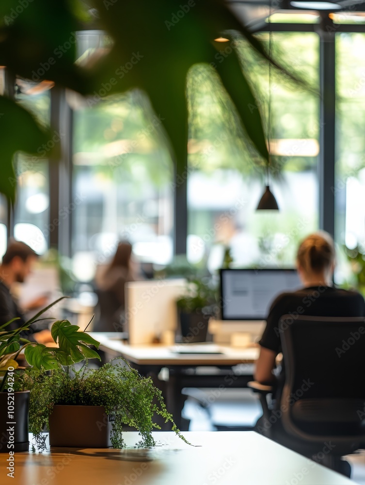 Aufkleber modern office workspace with greenery and employees working on computers.