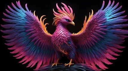 Obraz premium vibrant neon phoenix with glowing pink and blue feathers against black background ideal for digital art promotions