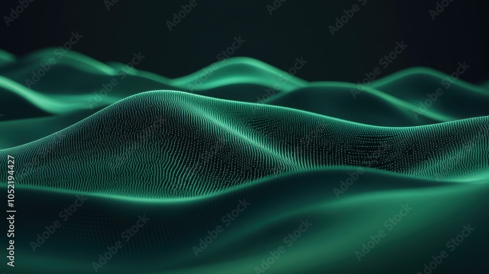 Poster lush green waves undulating gracefully in a dark, serene space, creating an atmosphere of tranquilit