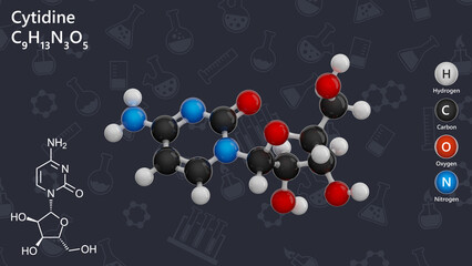 Molecule: Cytidine. Nucleoside. Molecular structure. Formula: C9H13N3O5. Chemical model: Ball and stick. Dark background. 3D illustration.