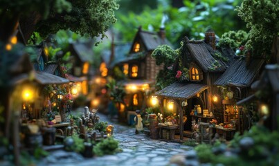 Fototapeta premium A miniature village with glowing lights and a cobblestone path.