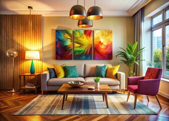 Vintage Style Photography of a Modern Living Room with Colorful Abstract Wall Art and Cozy Decor