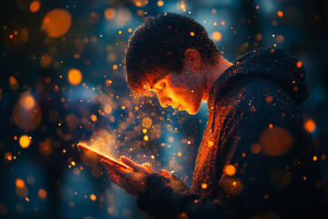 A man is looking at a tablet with a glowing screen