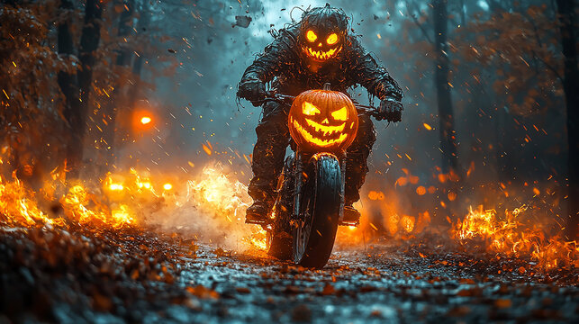 Motociclista com cabe&ccedil;a de ab&oacute;bora de Halloween, estrada escura e sem fim, fuma&ccedil;a