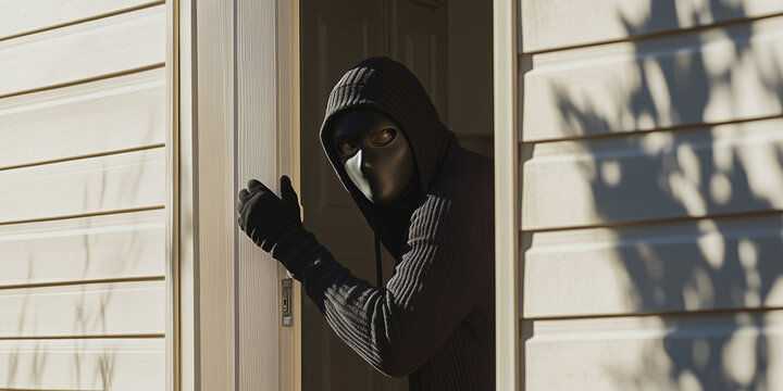 Criminal in hood and mask breaking in. Entering residential house to commit burglary crime.