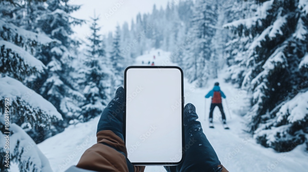 Poster A person is standing on a snowy path in a winter forest, holding a smartphone with a blank screen.