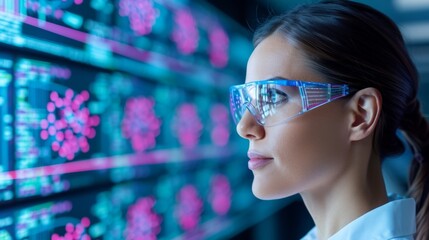 Woman in safety glasses analyzing data on digital screens in laboratory environment.
