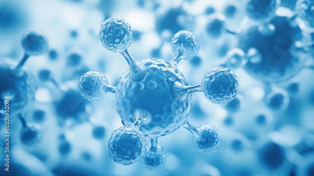 Poster exploring the intricate world of blue molecular structures amidst a soft backdrop of blurred scienti