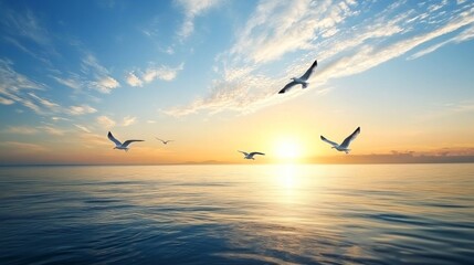 Naklejka premium Beautiful sunset over a calm ocean with seagulls flying in the sky. Serene seascape with birds in flight.